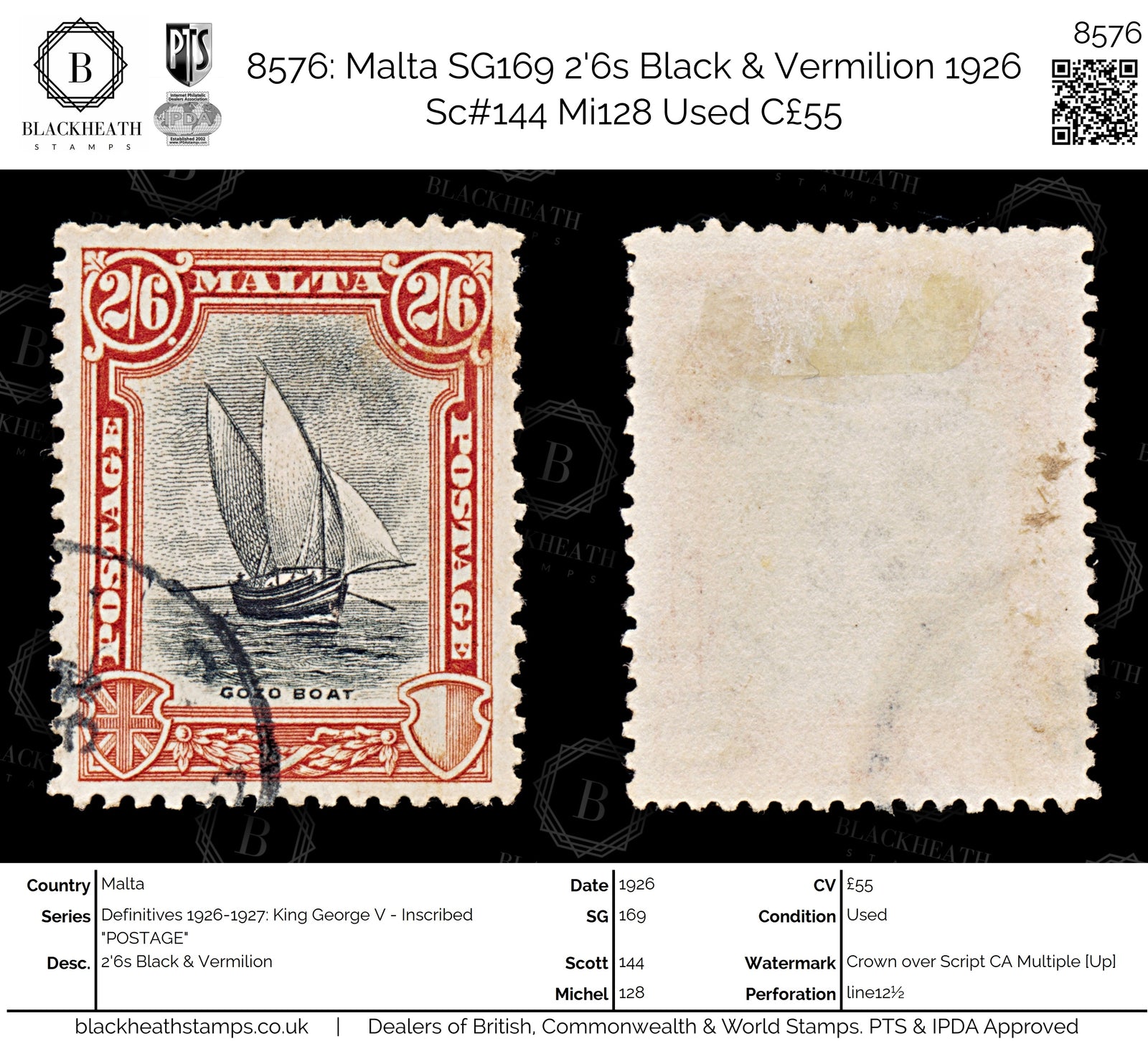 8576: Malta SG169 2'6s Black & Vermilion 1926 Sc#144 Mi128 Used C£55