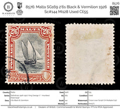 8576: Malta SG169 2'6s Black & Vermilion 1926 Sc#144 Mi128 Used C£55, view 1