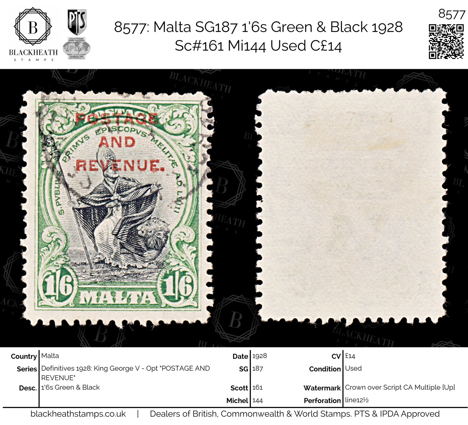 8577: Malta SG187 1'6s Green & Black 1928 Sc#161 Mi144 Used C£14