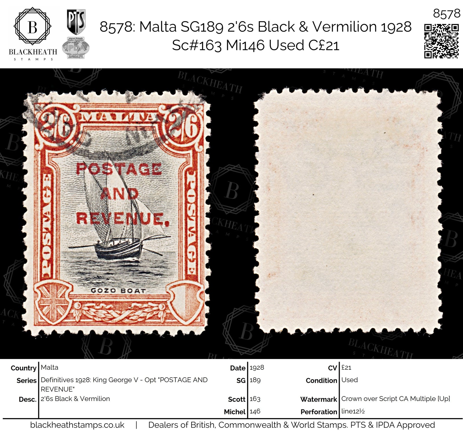 8578: Malta SG189 2'6s Black & Vermilion 1928 Sc#163 Mi146 Used C£21
