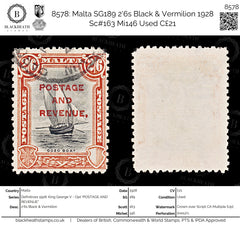 8578: Malta SG189 2'6s Black & Vermilion 1928 Sc#163 Mi146 Used C£21, view 1
