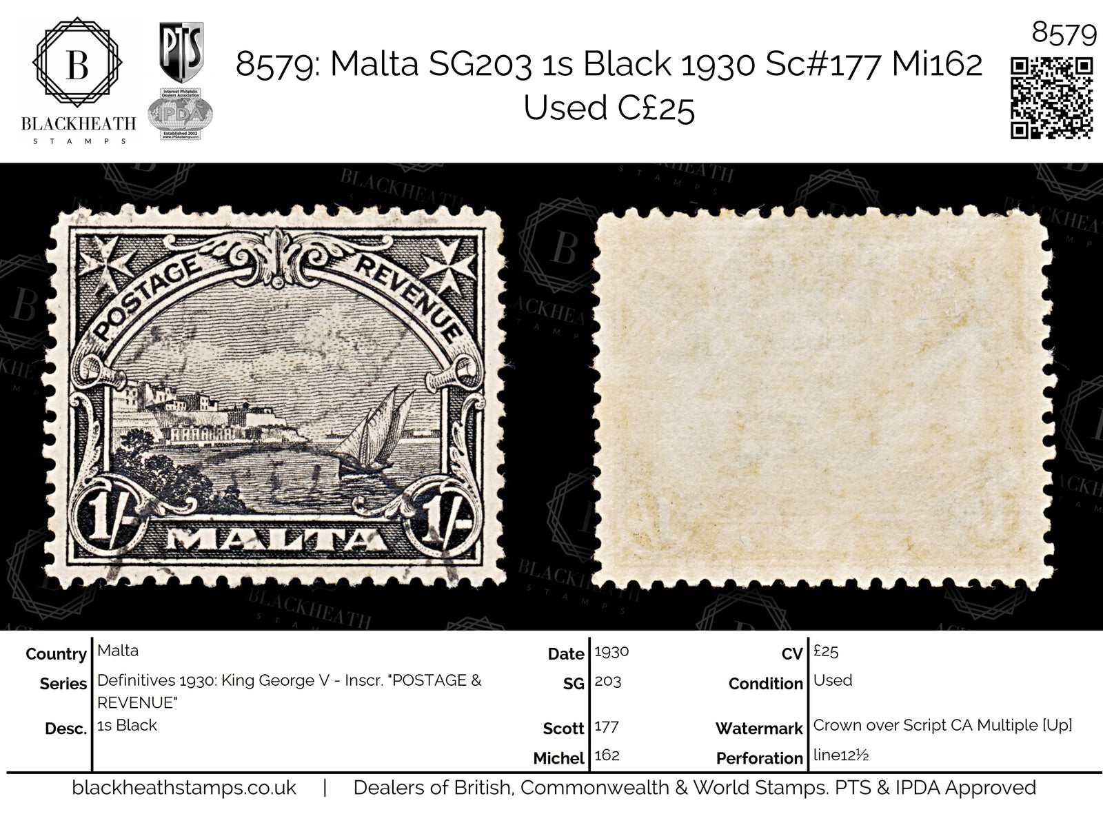 8579: Malta SG203 1s Black 1930 Sc#177 Mi162 Used C£25
