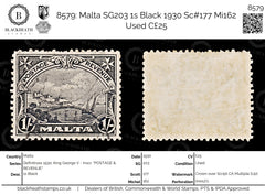 8579: Malta SG203 1s Black 1930 Sc#177 Mi162 Used C£25, view 1