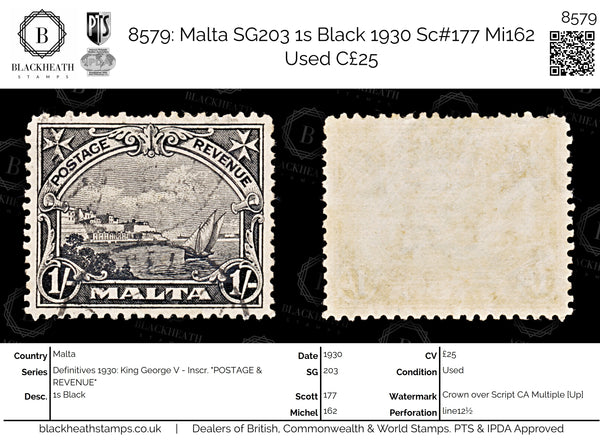 8579: Malta SG203 1s Black 1930 Sc#177 Mi162 Used C£25