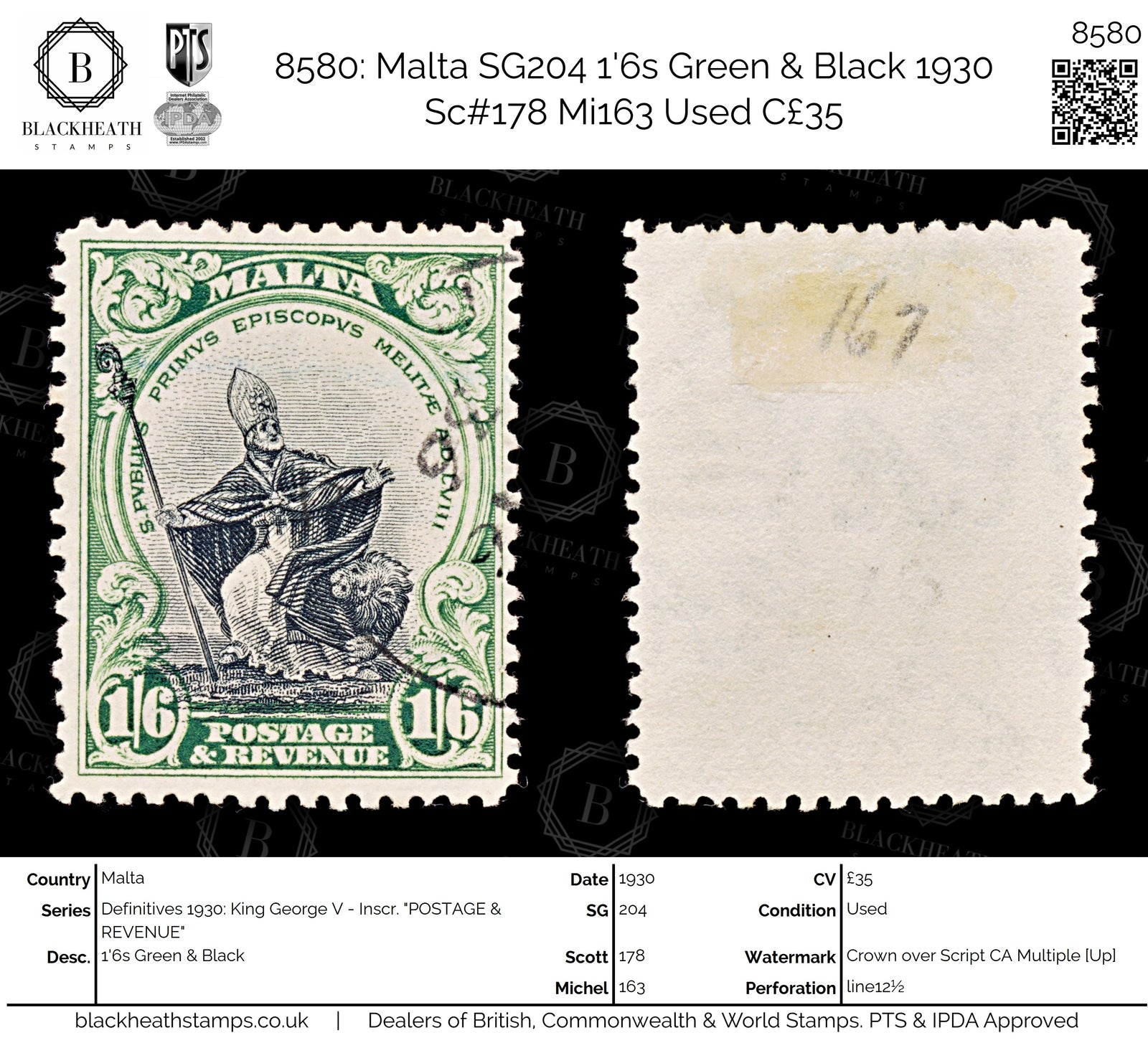 8580: Malta SG204 1'6s Green & Black 1930 Sc#178 Mi163 Used C£35