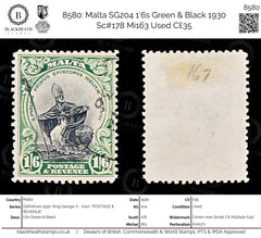 8580: Malta SG204 1'6s Green & Black 1930 Sc#178 Mi163 Used C£35, view 1