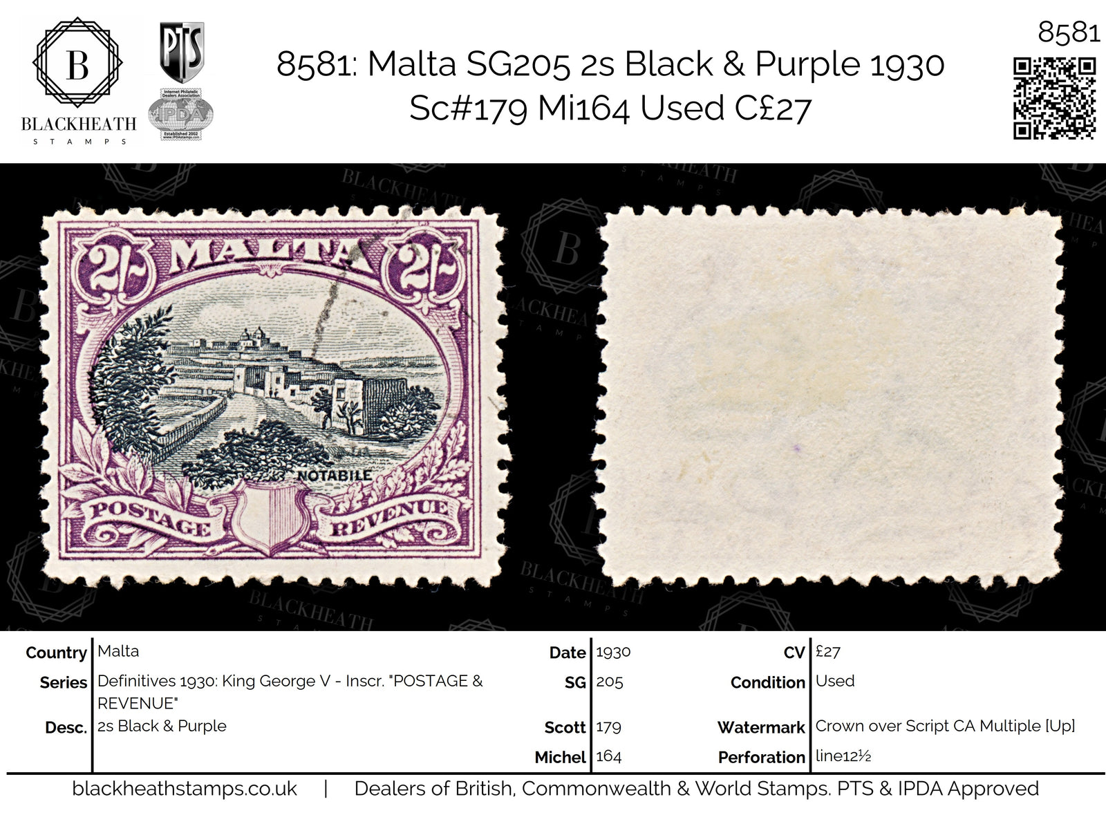 8581: Malta SG205 2s Black & Purple 1930 Sc#179 Mi164 Used C£27