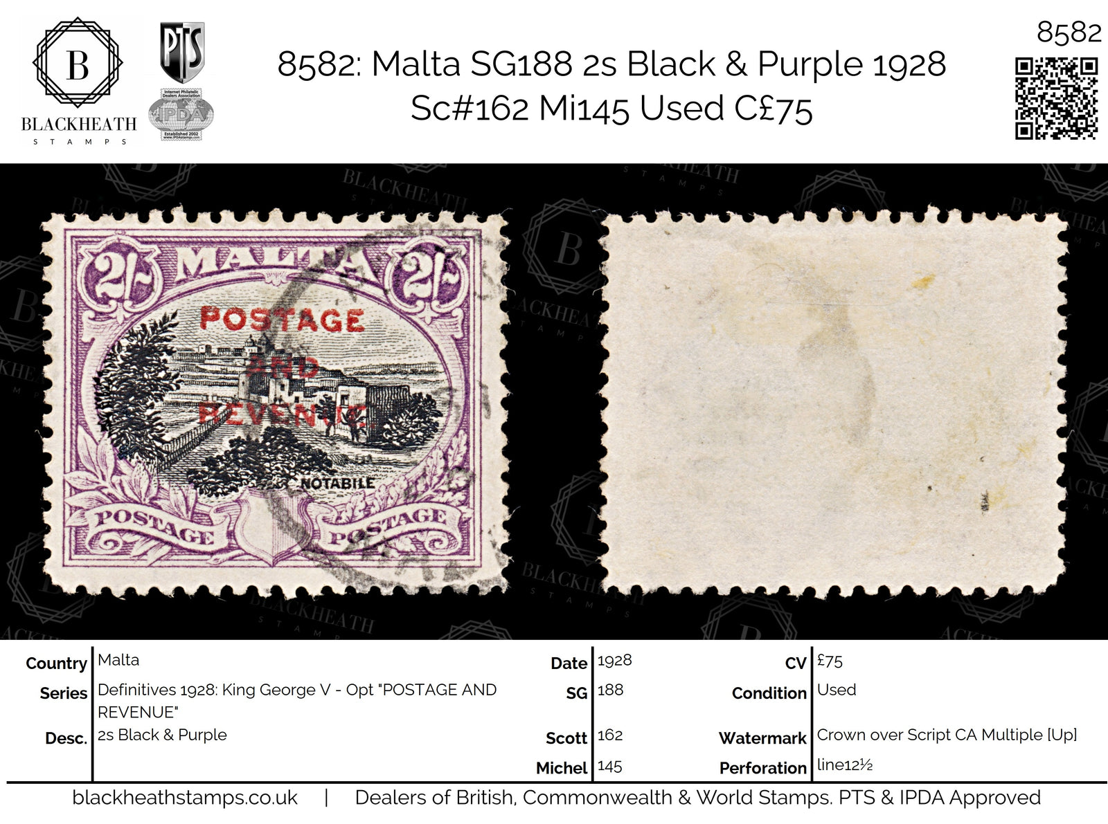 8582: Malta SG188 2s Black & Purple 1928 Sc#162 Mi145 Used C£75