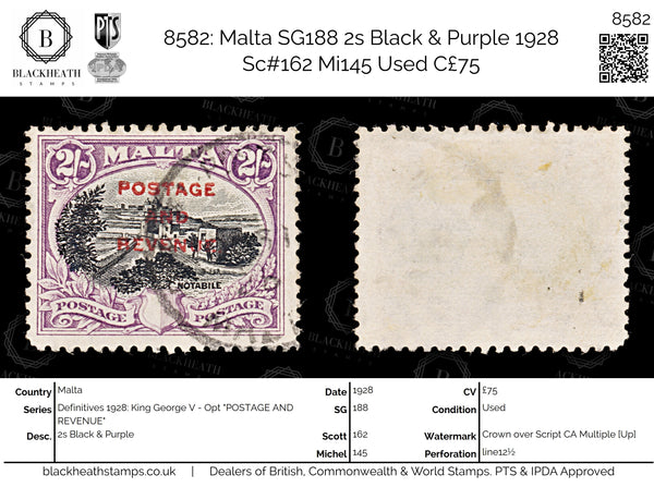 8582: Malta SG188 2s Black & Purple 1928 Sc#162 Mi145 Used C£75