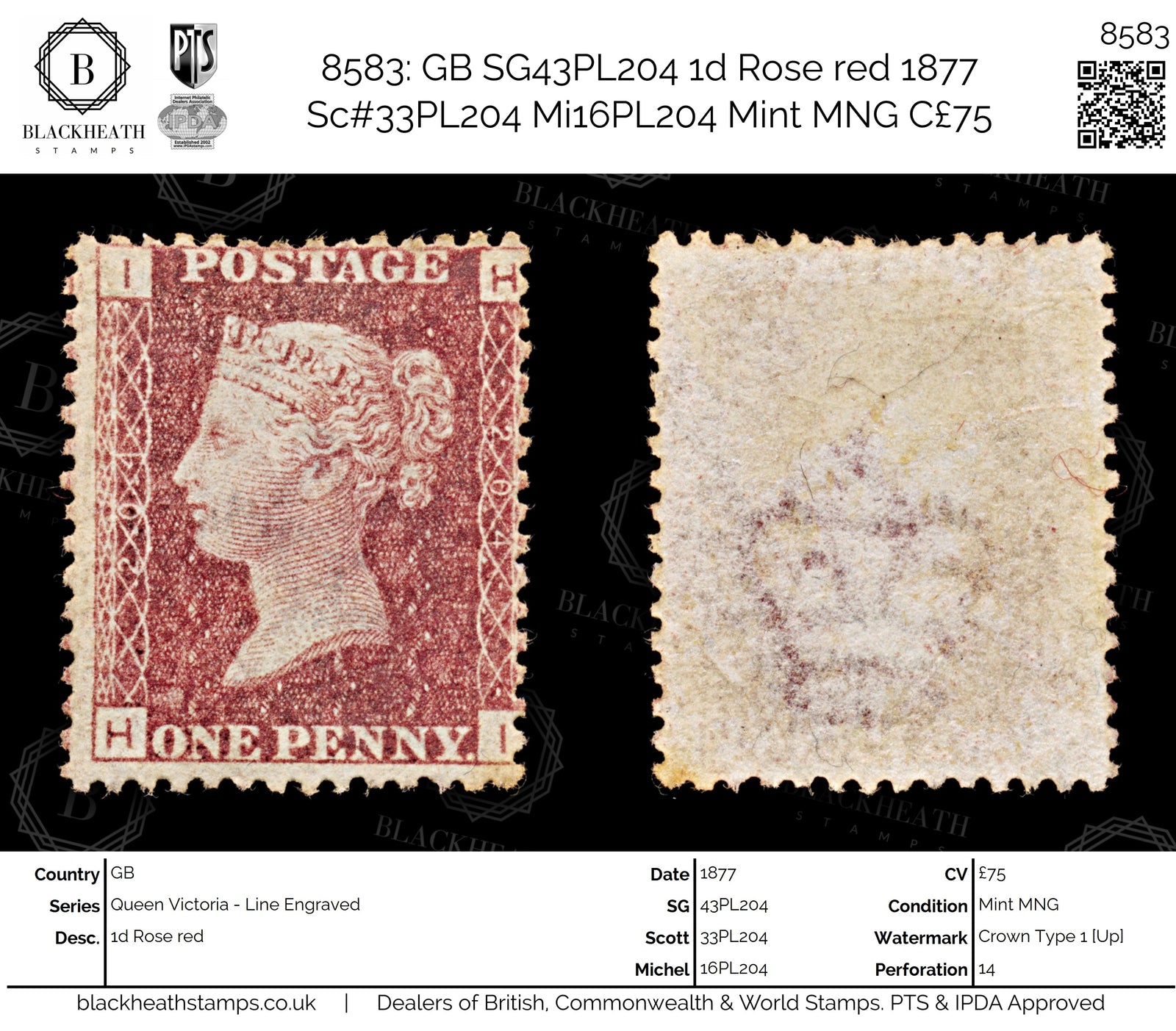 8583: GB SG43PL204 1d Rose red 1877 Sc#33PL204 Mi16PL204 Mint MNG C£75