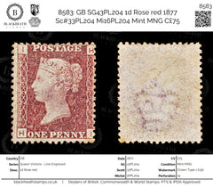 8583: GB SG43PL204 1d Rose red 1877 Sc#33PL204 Mi16PL204 Mint MNG C£75, view 1