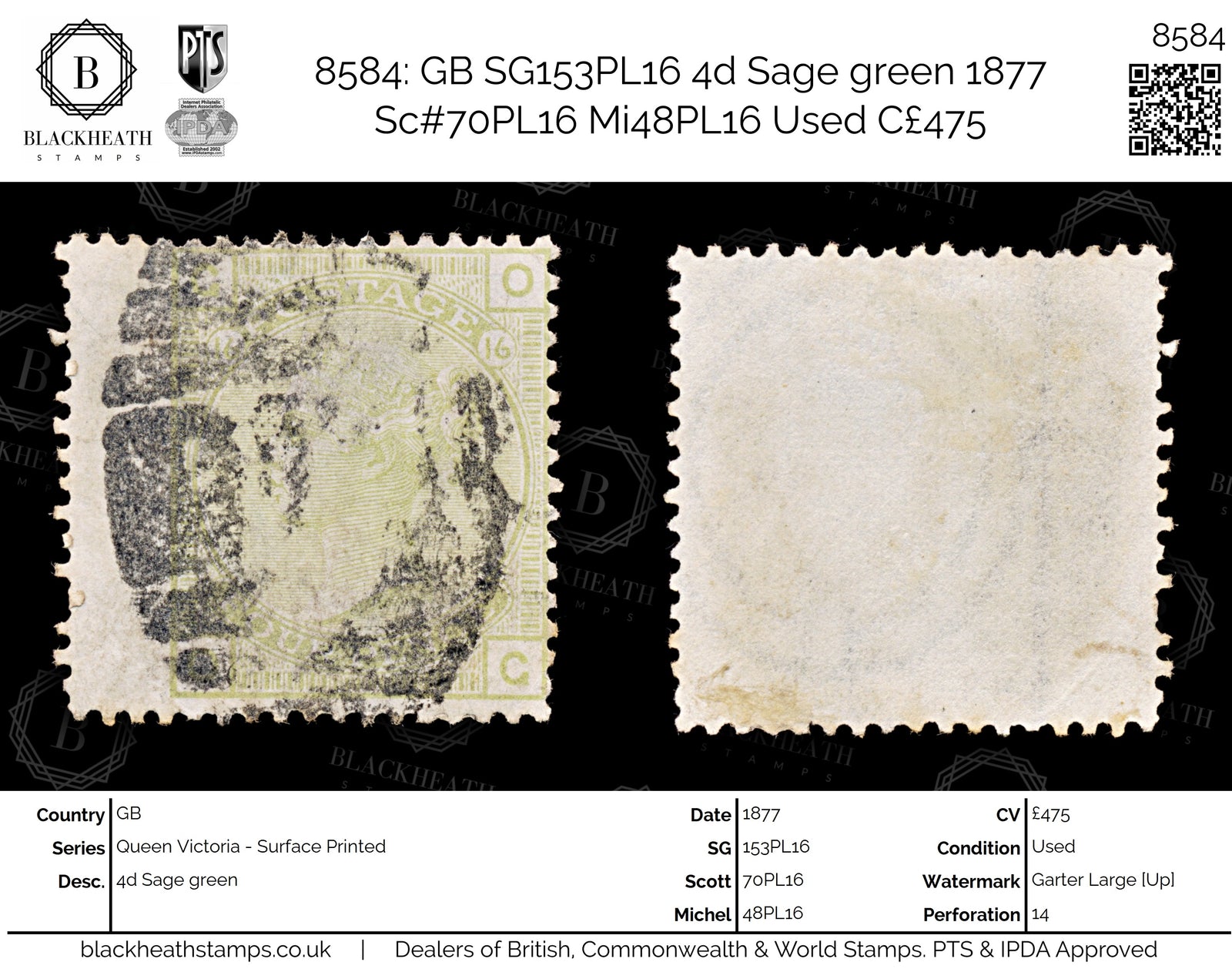 8584: GB SG153PL16 4d Sage green 1877 Sc#70PL16 Mi48PL16 Used C£475