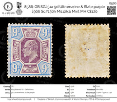 8586: GB SG251a 9d Ultramarine & Slate purple 1906 Sc#136h Mi112Ixb Mint MH C£120, view 1