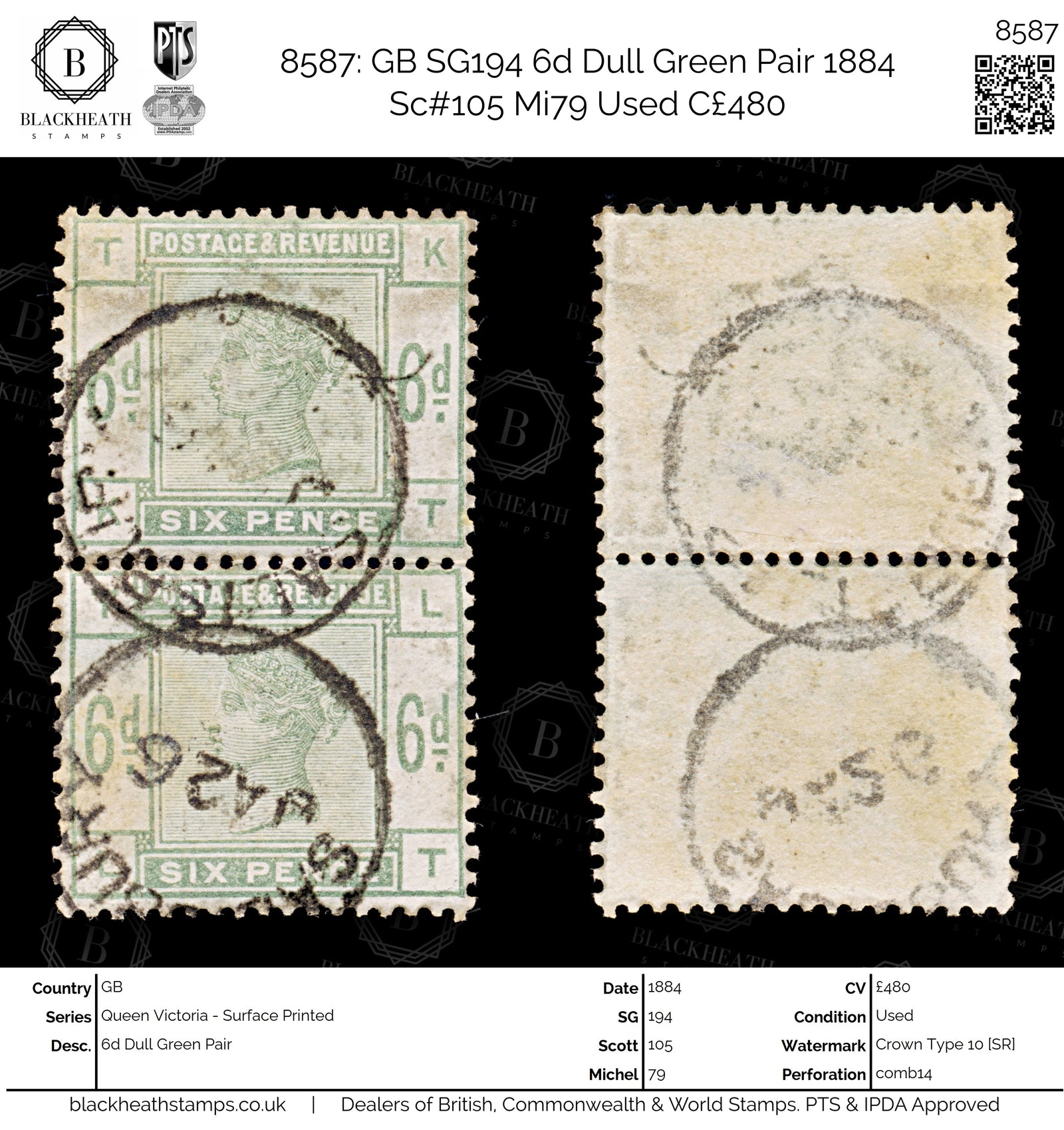 8587: GB SG194 6d Dull Green Pair 1884 Sc#105 Mi79 Used C£480