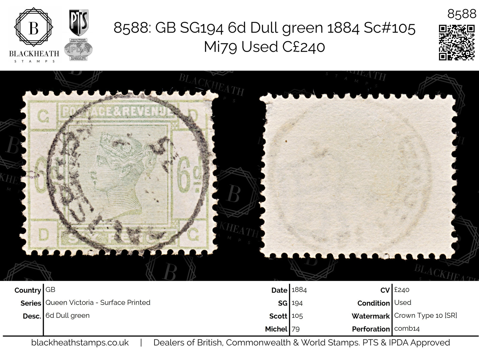 8588: GB SG194 6d Dull green 1884 Sc#105 Mi79 Used C£240