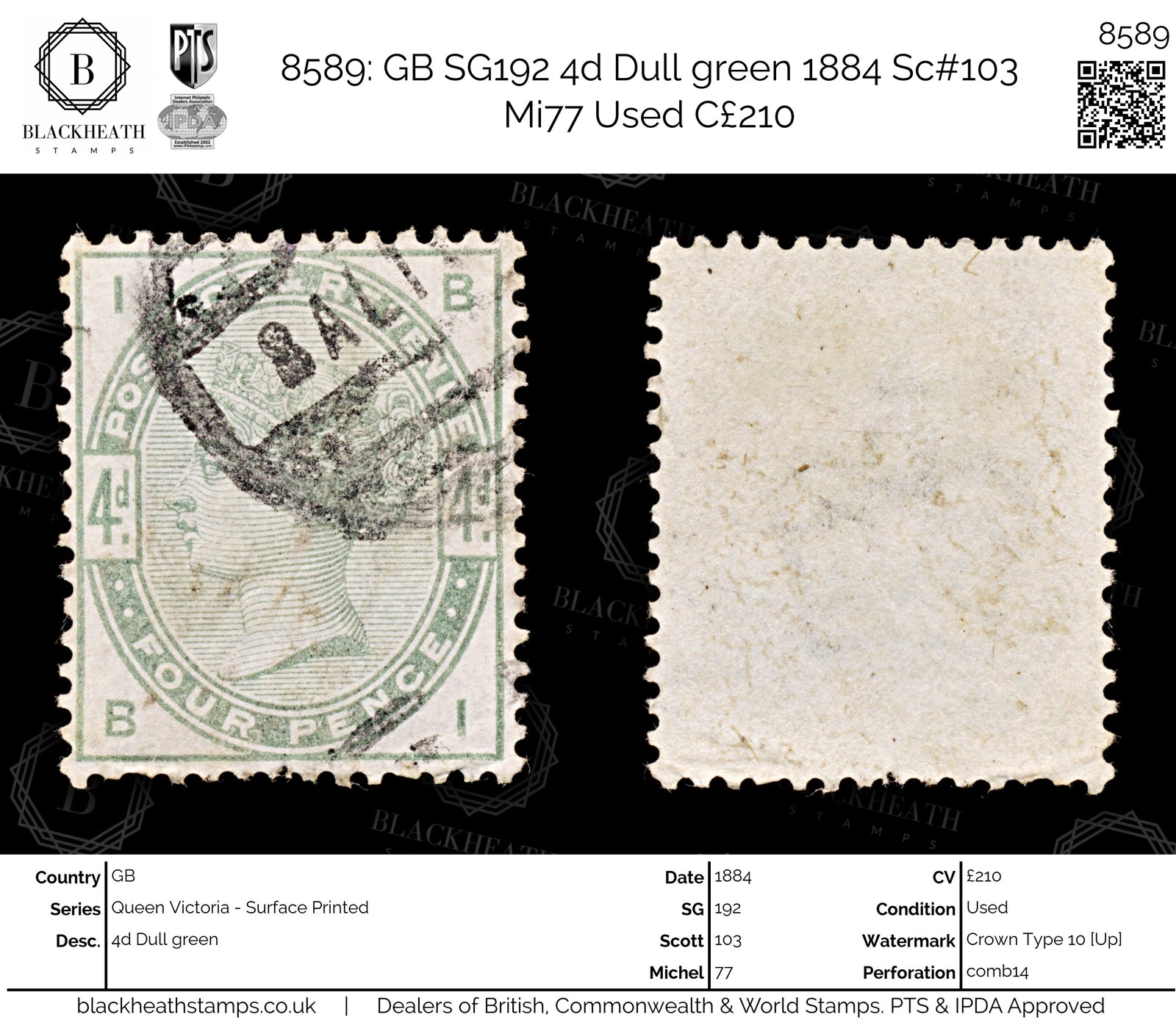 8589: GB SG192 4d Dull green 1884 Sc#103 Mi77 Used C£210