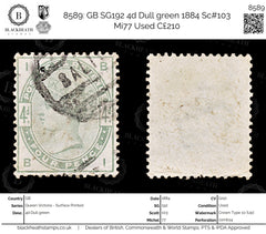 8589: GB SG192 4d Dull green 1884 Sc#103 Mi77 Used C£210, view 1