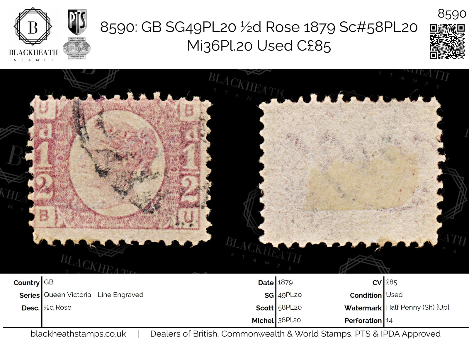 8590: GB SG49PL20 ½d Rose 1879 Sc#58PL20 Mi36Pl.20 Used C£85