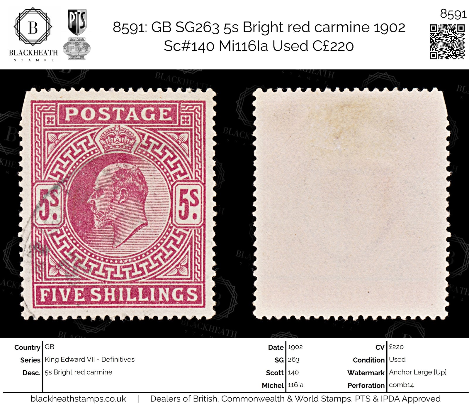 8591: GB SG263 5s Bright red carmine 1902 Sc#140 Mi116Ia Used C£220