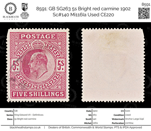 8591: GB SG263 5s Bright red carmine 1902 Sc#140 Mi116Ia Used C£220