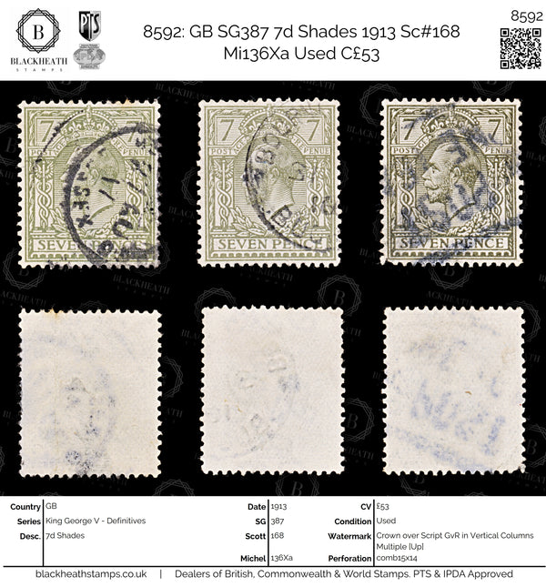 8592: GB SG387 7d Shades 1913 Sc#168 Mi136Xa Used C£53