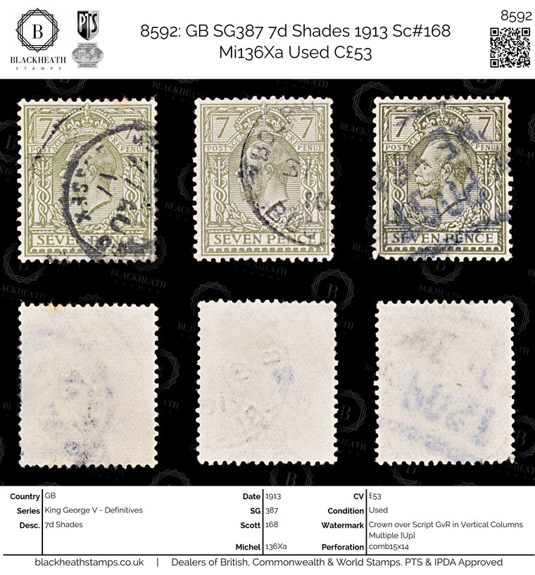 8592: GB SG387 7d Shades 1913 Sc#168 Mi136Xa Used C£53, image 1