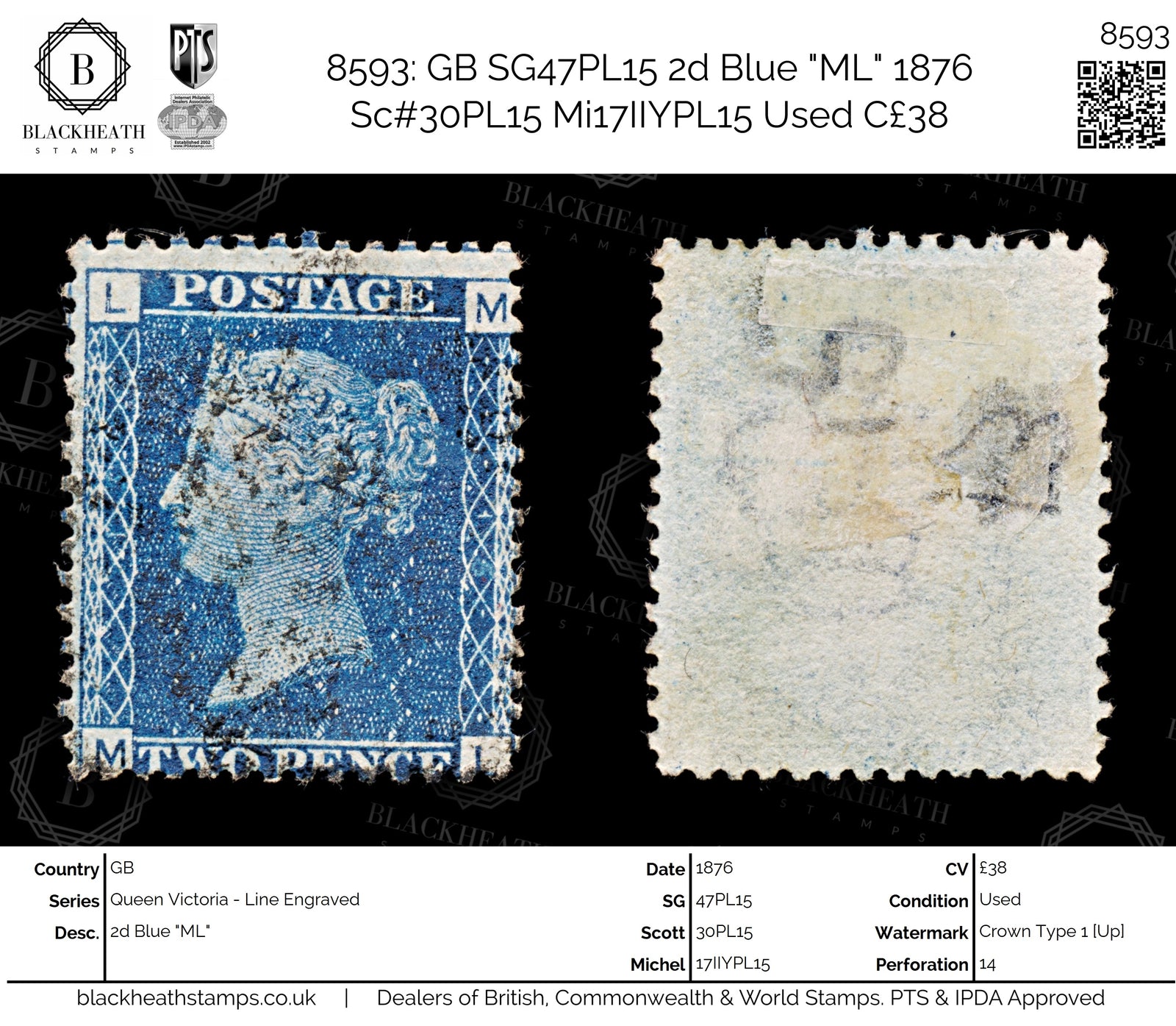 8593: GB SG47PL15 2d Blue "ML" 1876 Sc#30PL15 Mi17IIYPL15 Used C£38