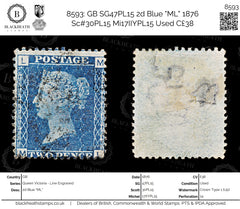 8593: GB SG47PL15 2d Blue "ML" 1876 Sc#30PL15 Mi17IIYPL15 Used C£38, view 1