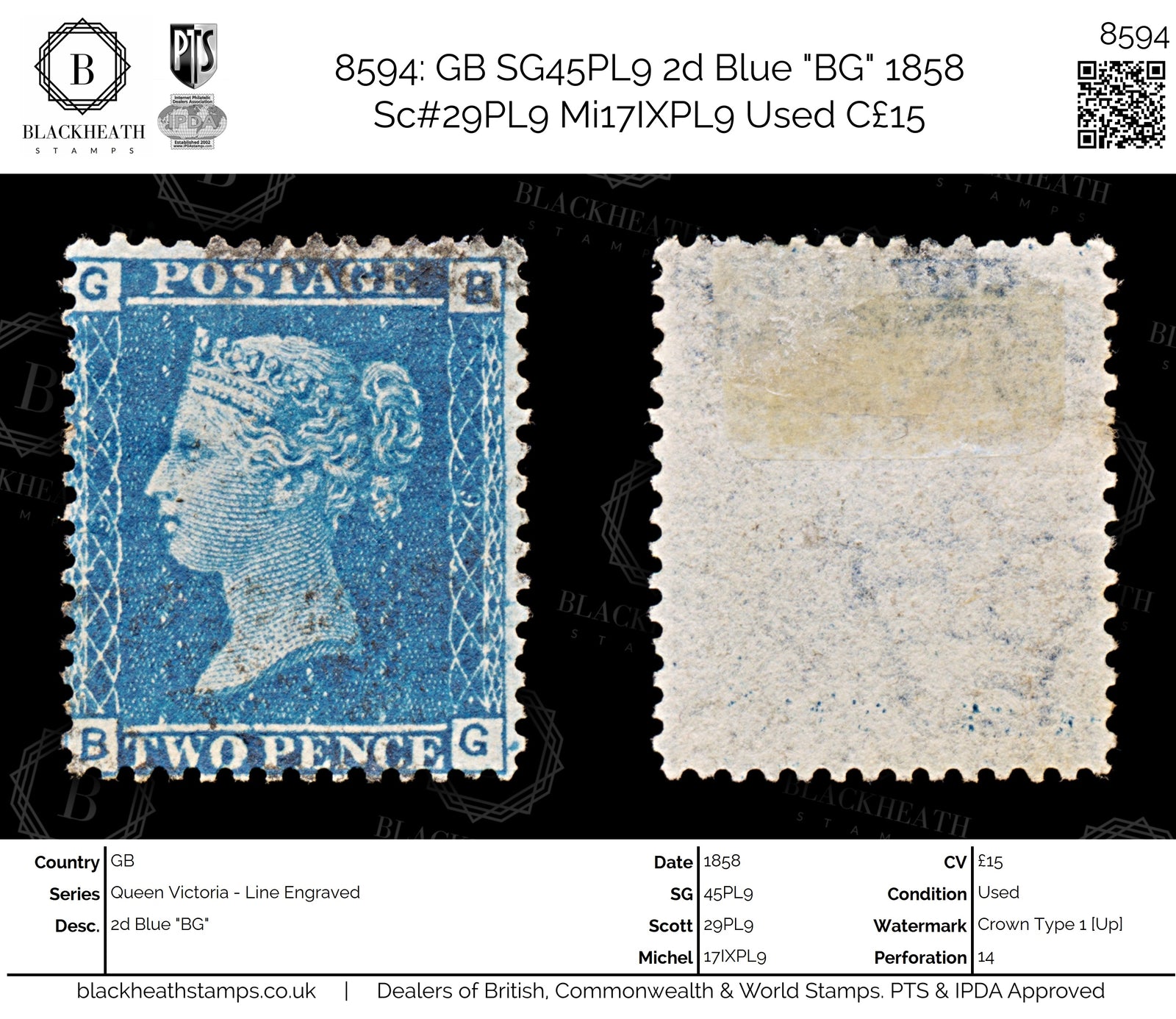 8594: GB SG45PL9 2d Blue "BG" 1858 Sc#29PL9 Mi17IXPL9 Used C£15