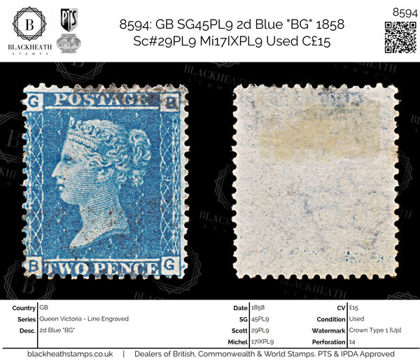 8594: GB SG45PL9 2d Blue "BG" 1858 Sc#29PL9 Mi17IXPL9 Used C£15