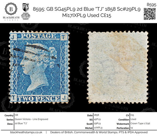 8595: GB SG45PL9 2d Blue "TJ" 1858 Sc#29PL9 Mi17IXPL9 Used C£15