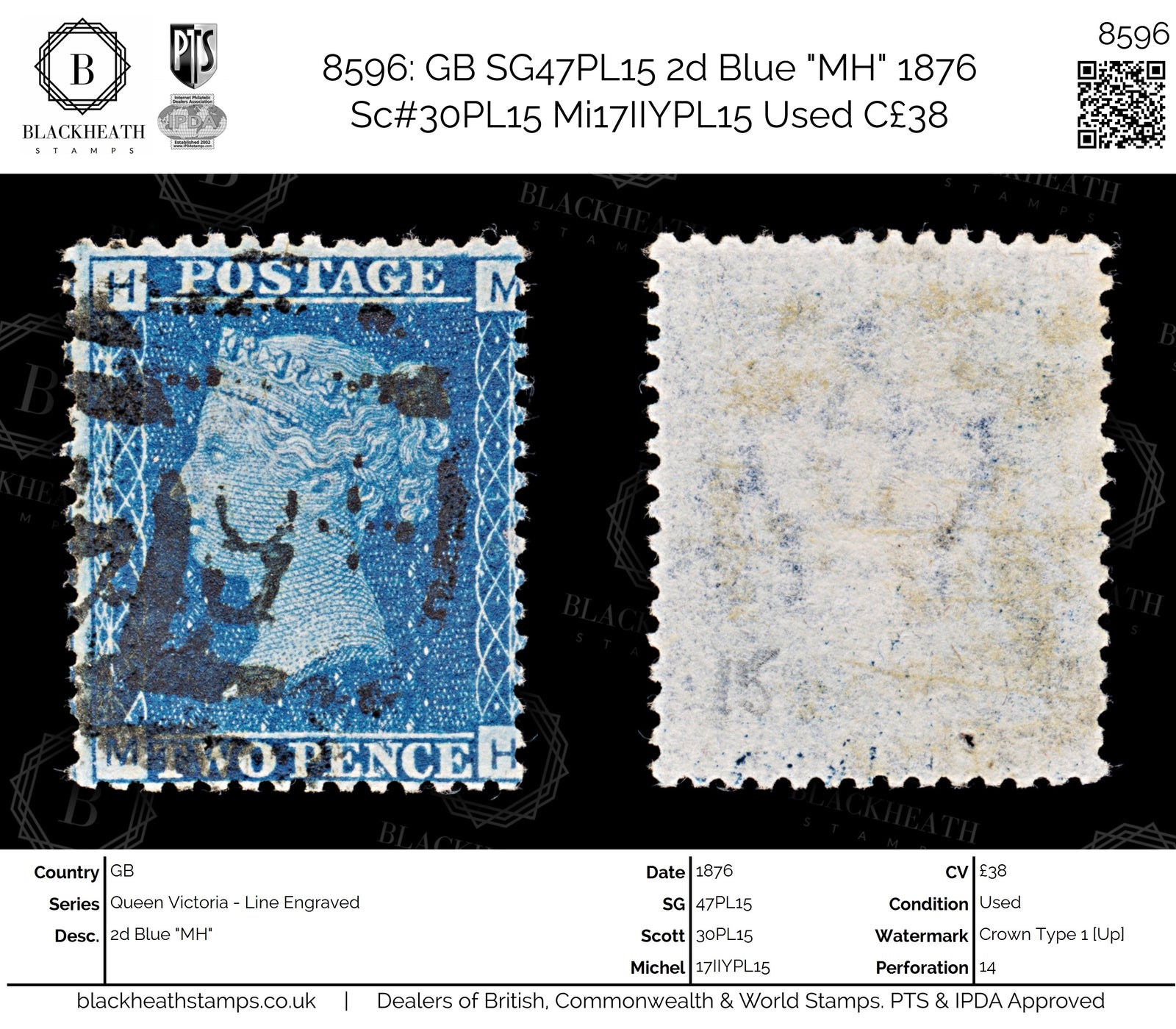 8596: GB SG47PL15 2d Blue "MH" 1876 Sc#30PL15 Mi17IIYPL15 Used C£38