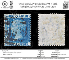 8596: GB SG47PL15 2d Blue "MH" 1876 Sc#30PL15 Mi17IIYPL15 Used C£38, view 1