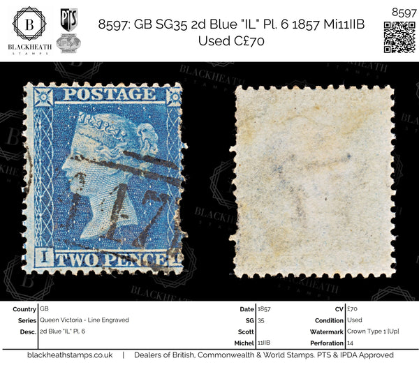 8597: GB SG35 2d Blue "IL" Pl. 6 1857 Mi11IIB Used C£70