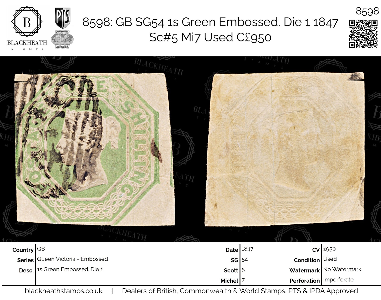8598: GB SG54 1s Green Embossed. Die 1 1847 Sc#5 Mi7 Used C£950