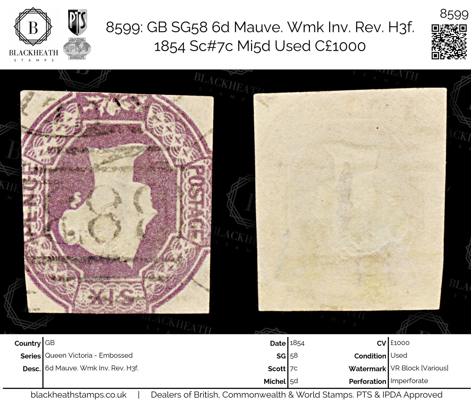 8599: GB SG58 6d Mauve. Wmk Inv. Rev. H3f. 1854 Sc#7c Mi5d Used C£1000