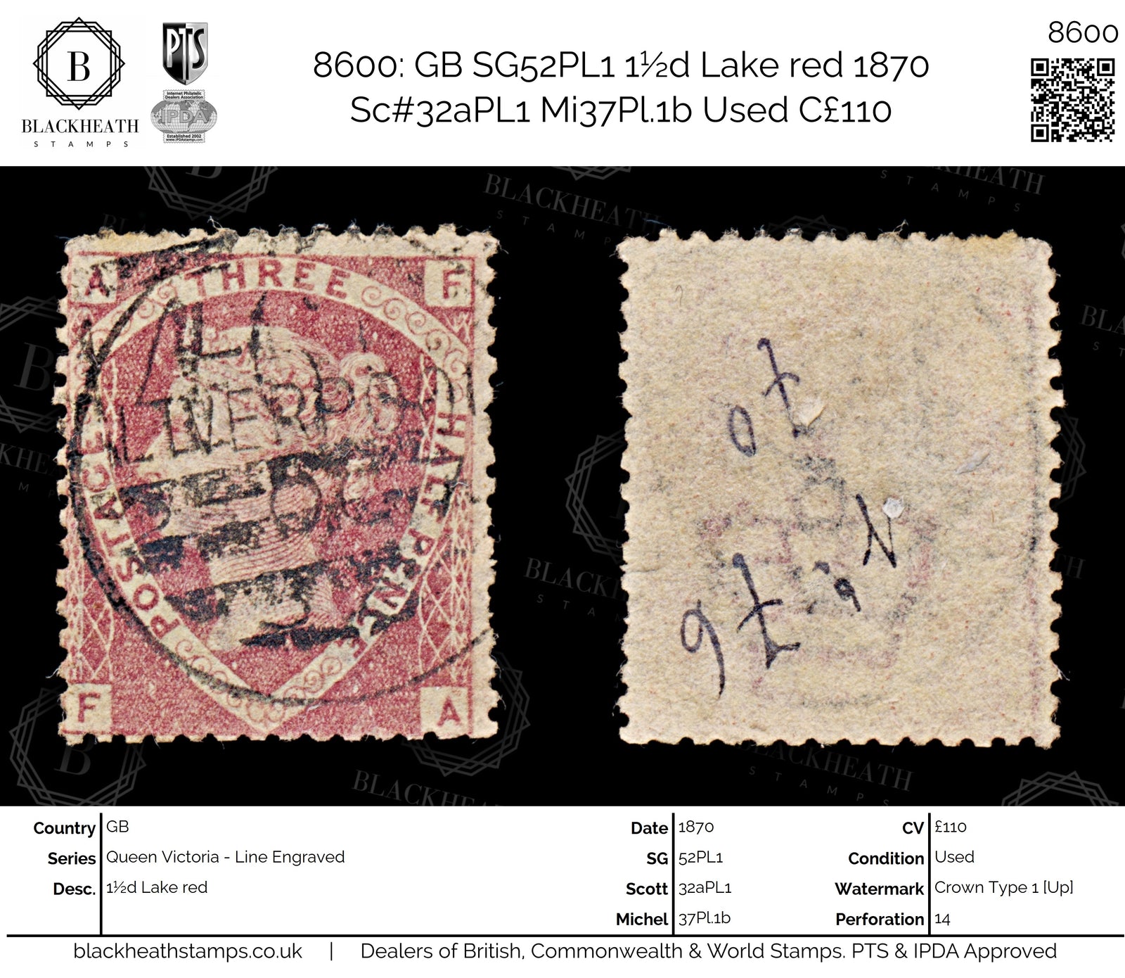 8600: GB SG52PL1 1½d Lake red 1870 Sc#32aPL1 Mi37Pl.1b Used C£110