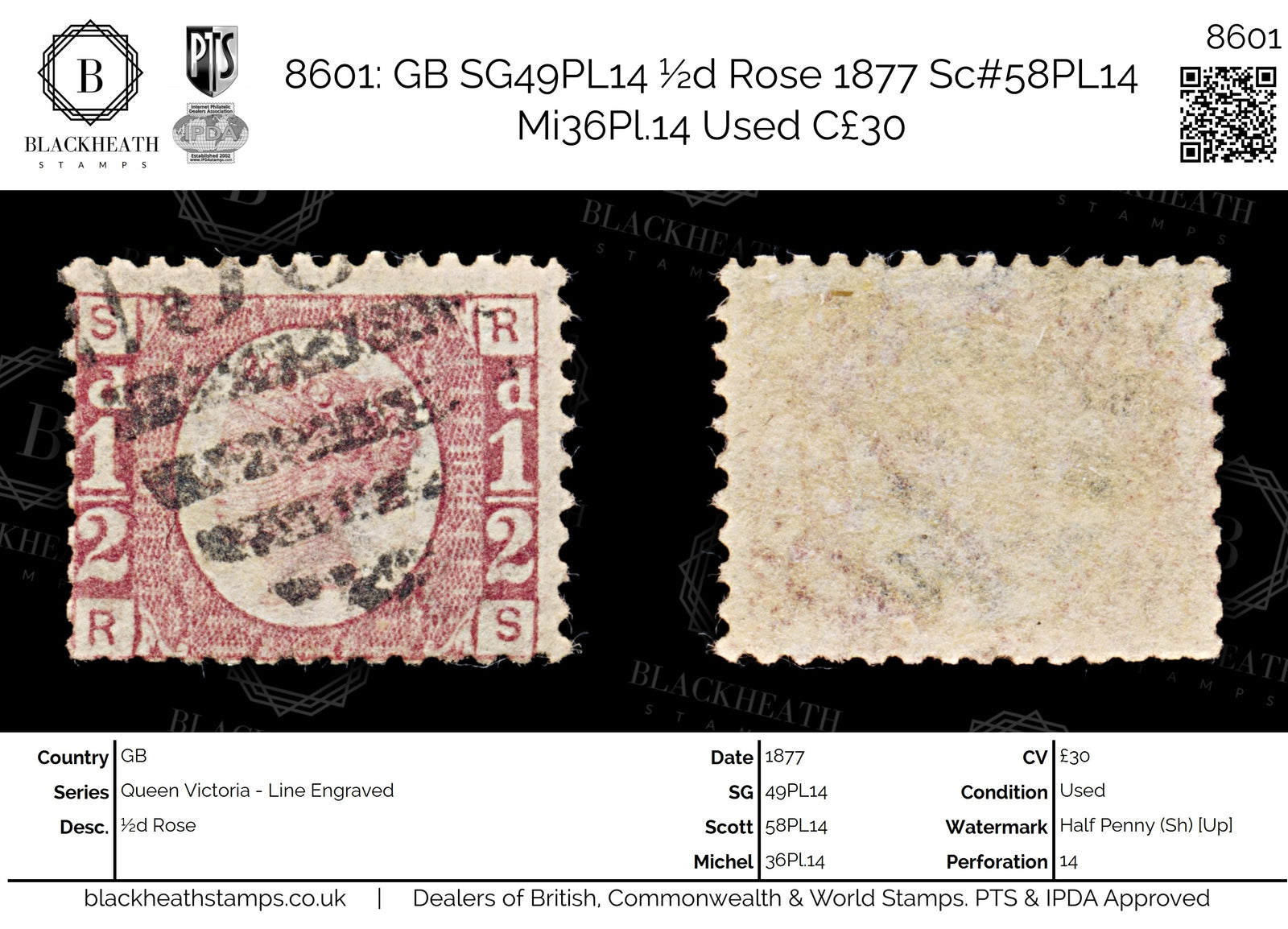 8601: GB SG49PL14 ½d Rose 1877 Sc#58PL14 Mi36Pl.14 Used C£30