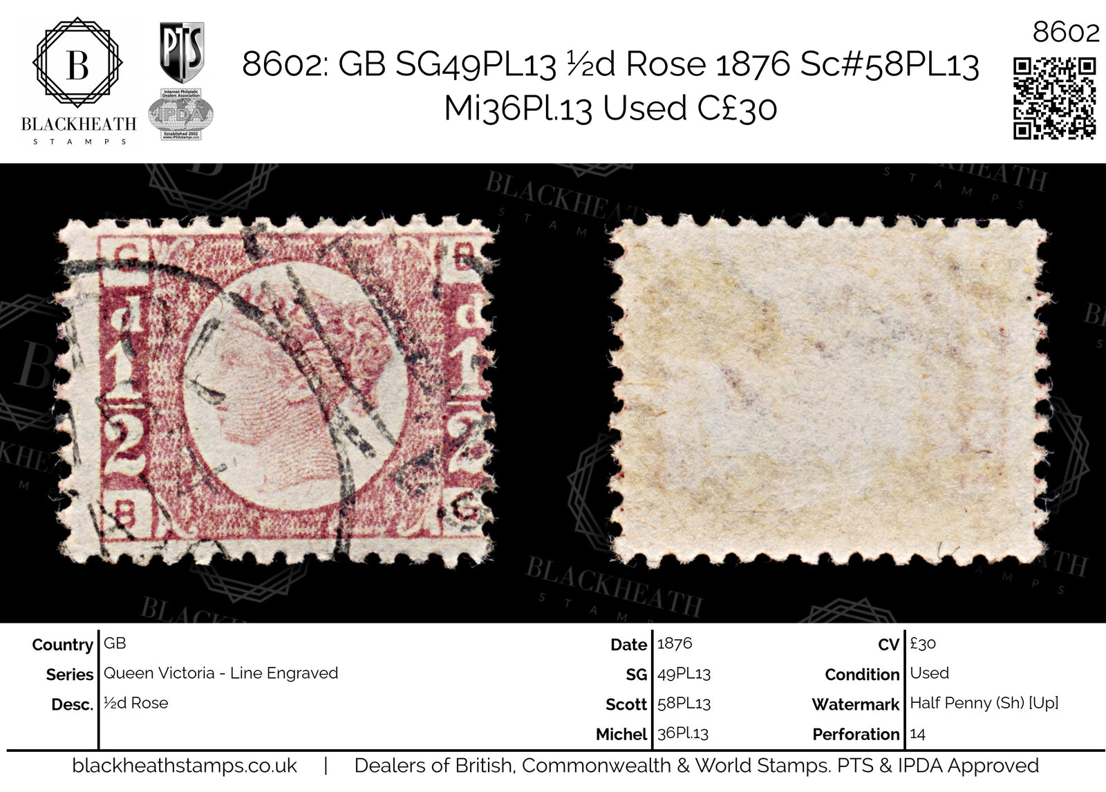8602: GB SG49PL13 ½d Rose 1876 Sc#58PL13 Mi36Pl.13 Used C£30