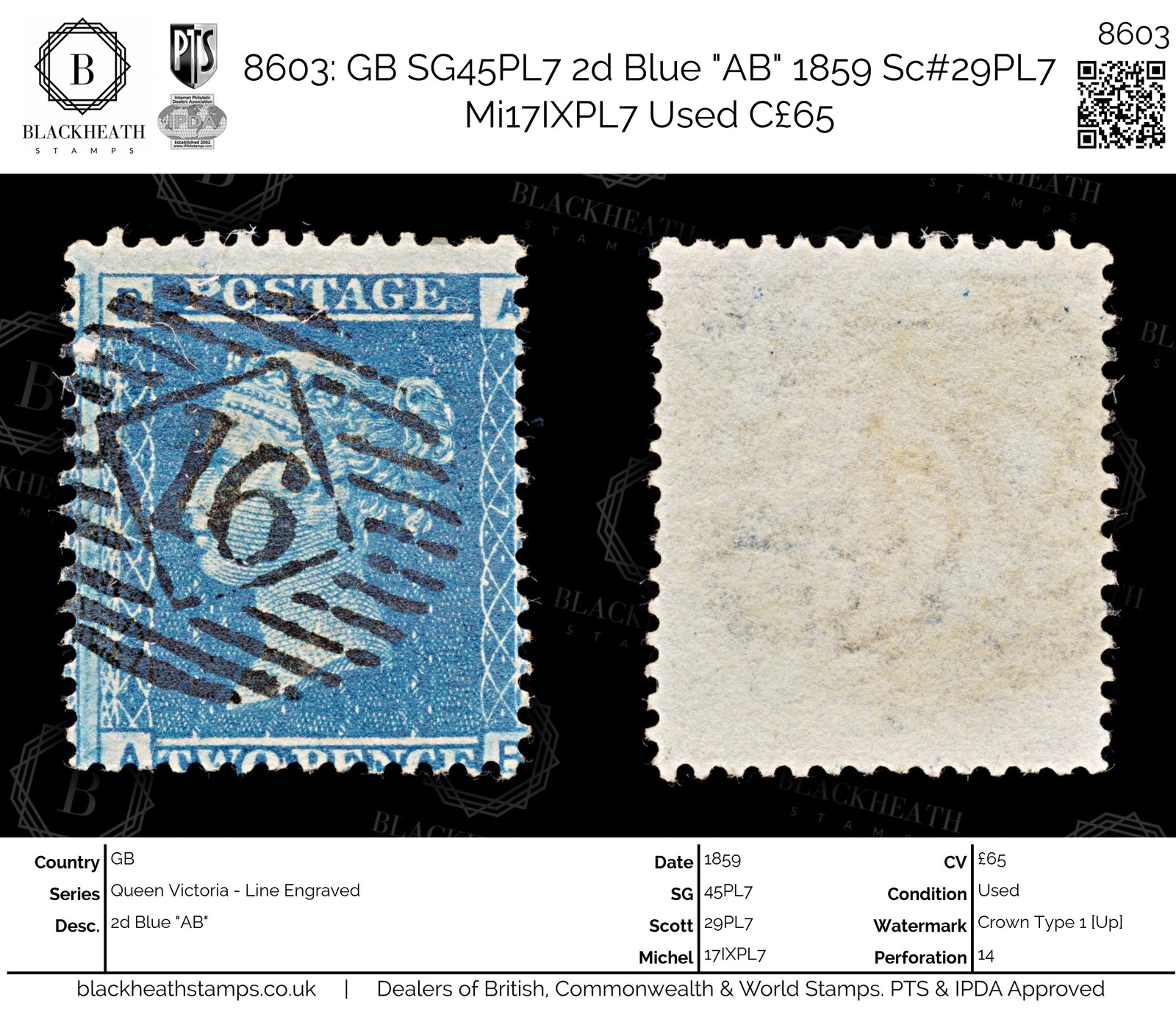 8603: GB SG45PL7 2d Blue "AB" 1859 Sc#29PL7 Mi17IXPL7 Used C£65