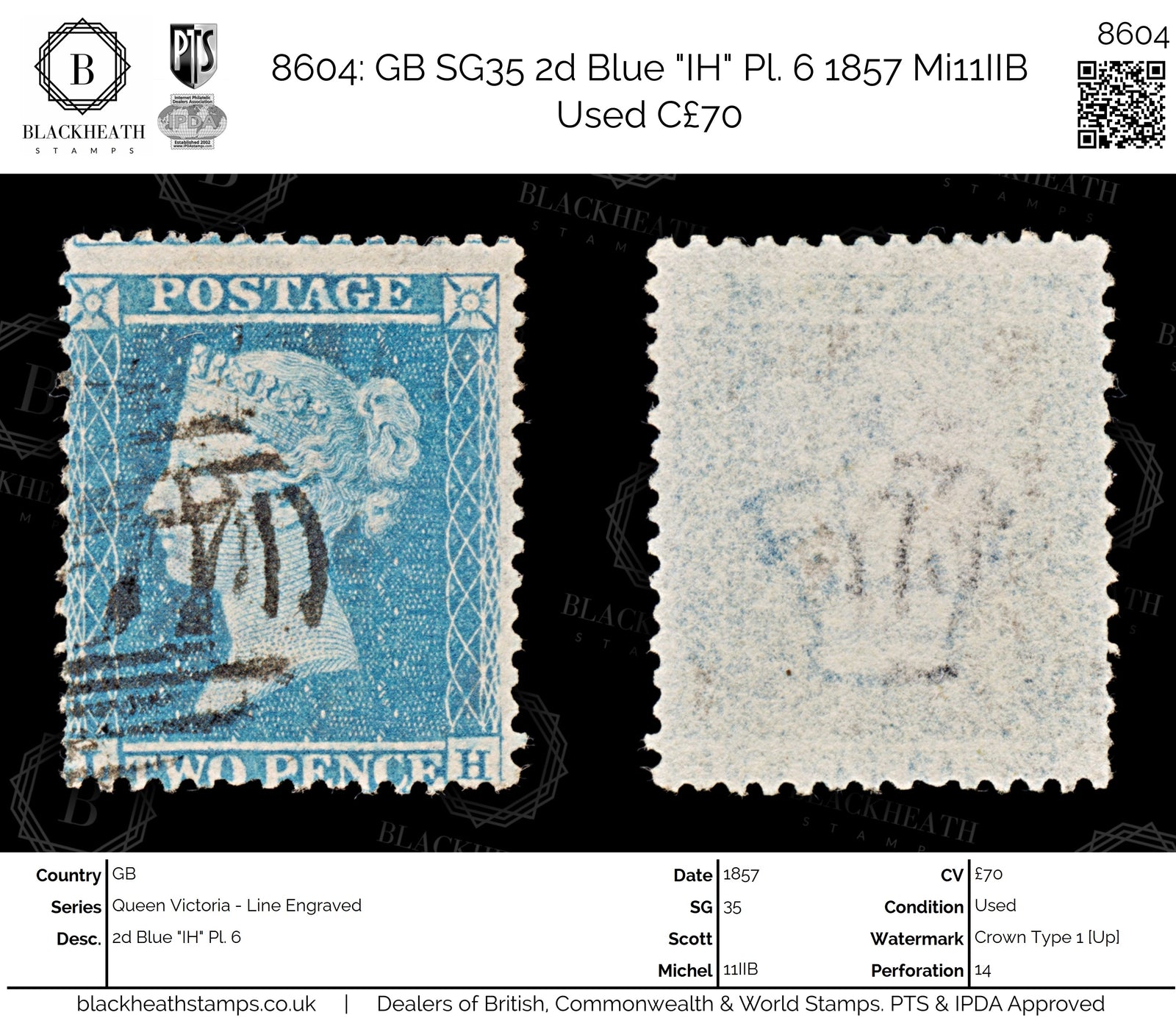 8604: GB SG35 2d Blue "IH" Pl. 6 1857 Mi11IIB Used C£70