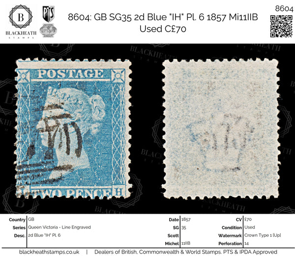 8604: GB SG35 2d Blue "IH" Pl. 6 1857 Mi11IIB Used C£70