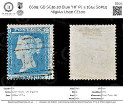 8605: GB SG19 2d Blue "HI" Pl. 4 1854 Sc#13 Mi9IAa Used C£100, view 1
