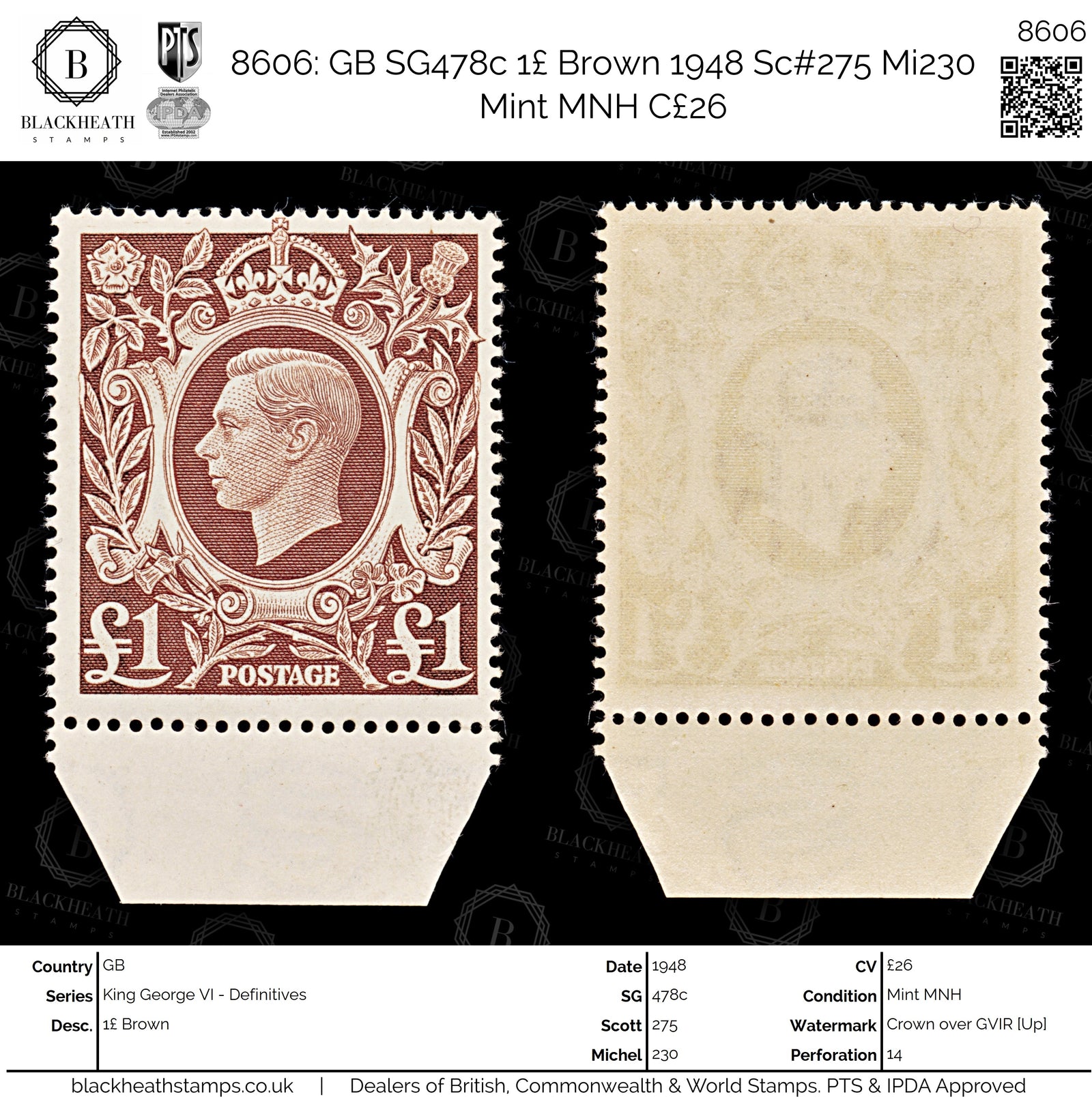 8606: GB SG478c 1£ Brown 1948 Sc#275 Mi230 Mint MNH C£26