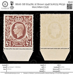 8606: GB SG478c 1£ Brown 1948 Sc#275 Mi230 Mint MNH C£26, view 1