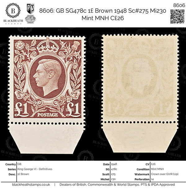 8606: GB SG478c 1£ Brown 1948 Sc#275 Mi230 Mint MNH C£26