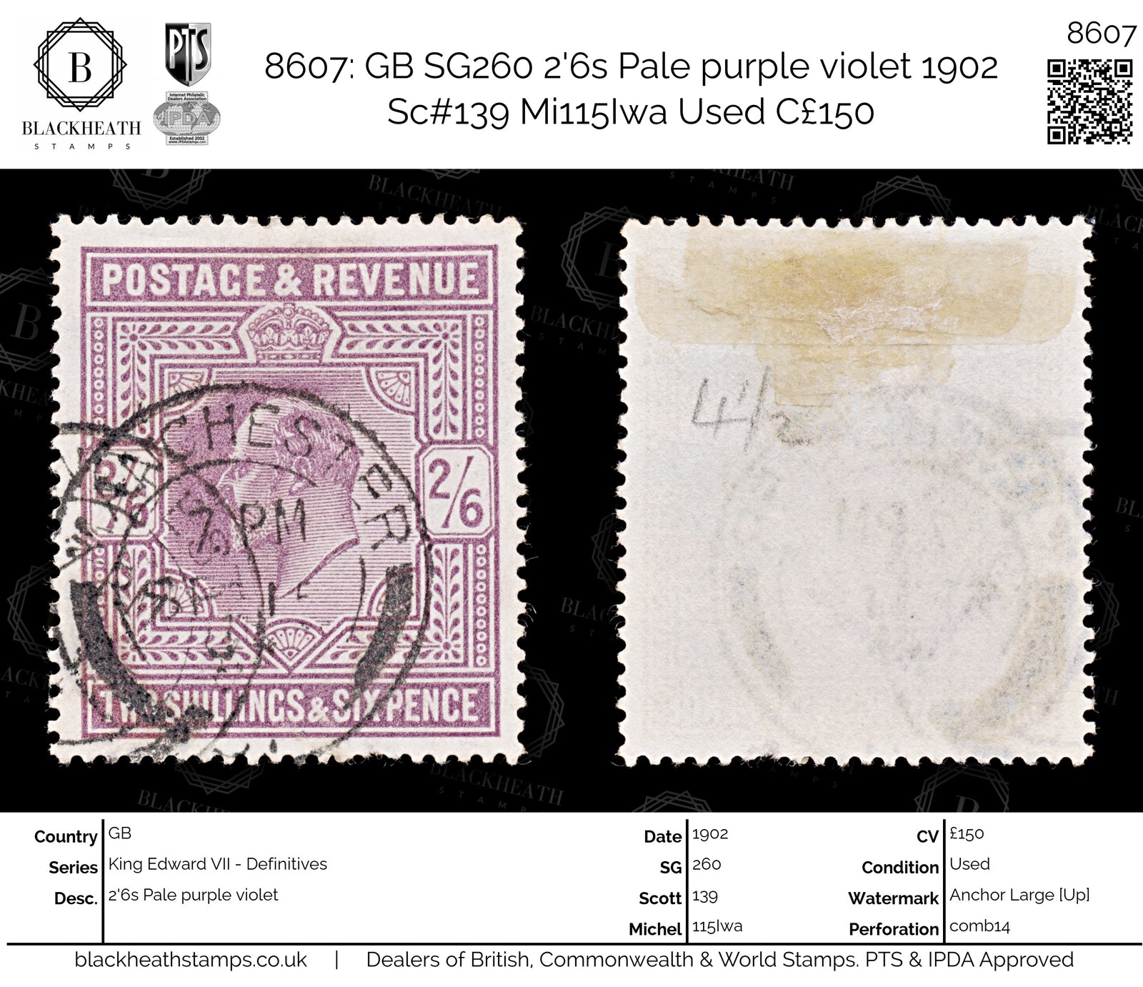 8607: GB SG260 2'6s Pale purple violet 1902 Sc#139 Mi115Iwa Used C£150