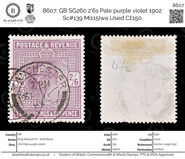 8607: GB SG260 2'6s Pale purple violet 1902 Sc#139 Mi115Iwa Used C£150