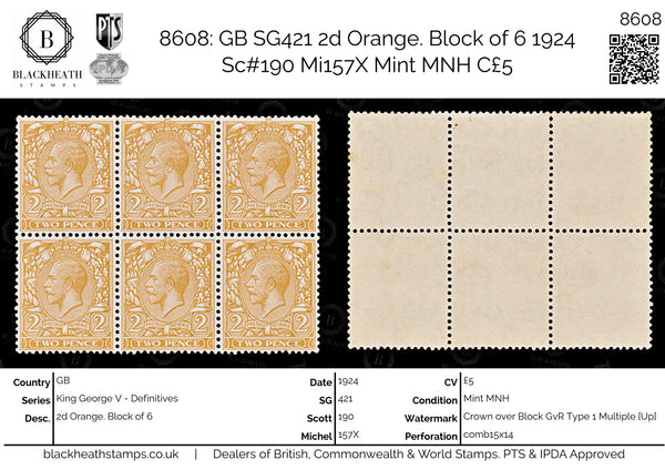 8608: GB SG421 2d Orange. Block of 6 1924 Sc#190 Mi157X Mint MNH C£5