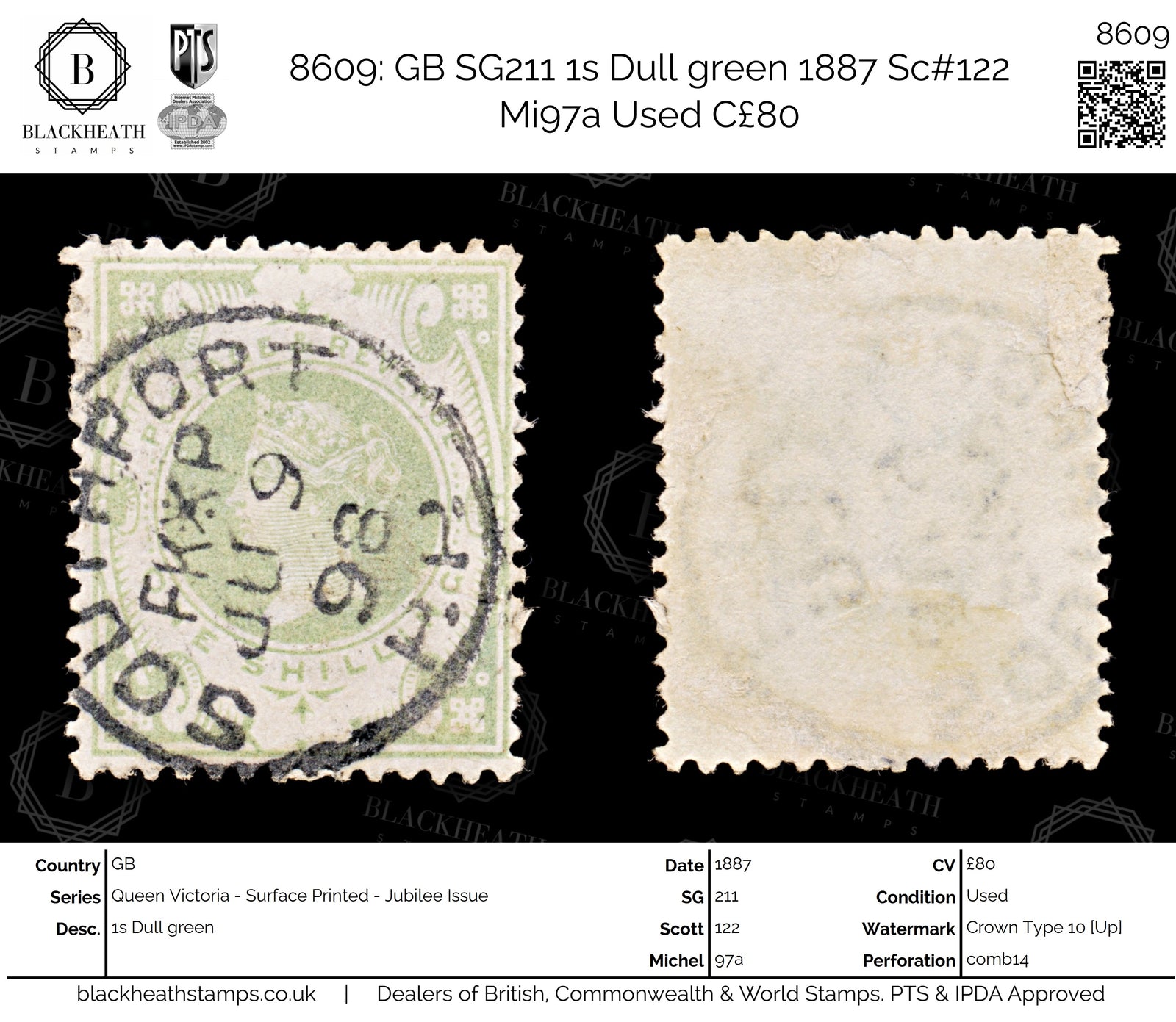 8609: GB SG211 1s Dull green 1887 Sc#122 Mi97a Used C£80